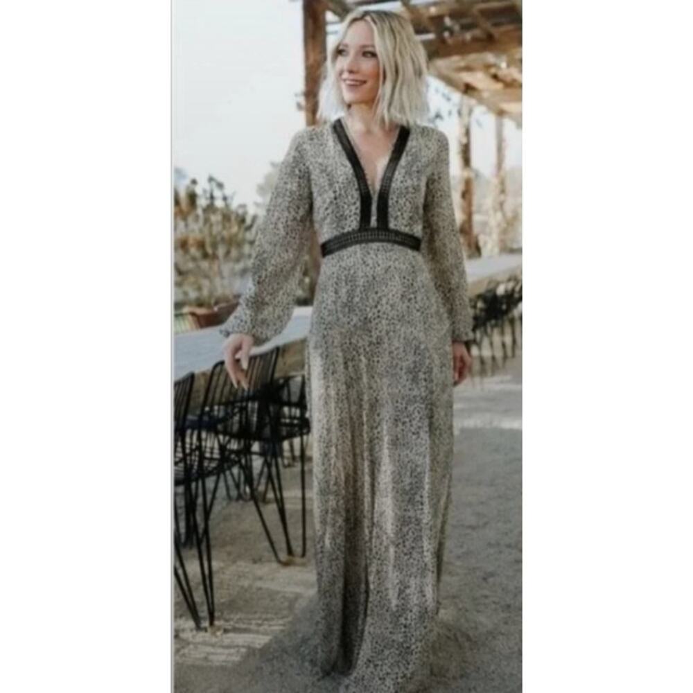 NWT Baltic Born Cha Cha Print Maxi Dress Black Cream Long Sleeve Med